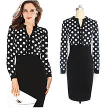 Plus Size XXL Dot Sweets Bodycon Pencil Elegant Dress Wear to Work 2015 Chiffon Women Dress Long Sleeve Black Autumn Dress