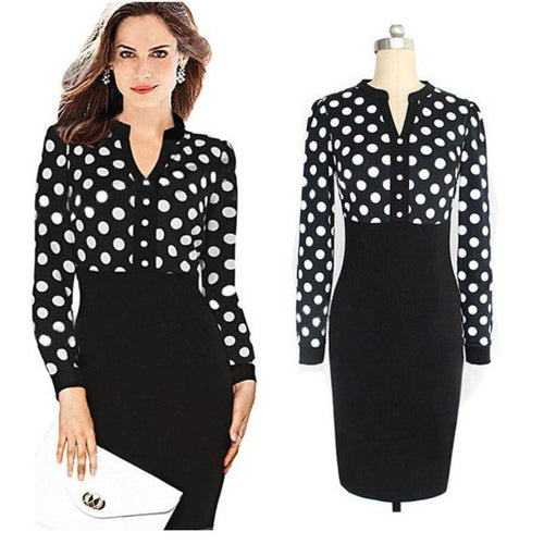 Plus Size XXL Dot Sweets Bodycon Pencil Elegant Dress Wear to Work 2015 Chiffon Women Dress Long Sleeve Black Autumn Dress