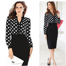 Plus Size XXL Dot Sweets Bodycon Pencil Elegant Dress Wear to Work 2015 Chiffon Women Dress Long Sleeve Black Autumn Dress