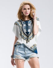 Print Dress O-Neck Short SleeveTribal White Blue Womens Casual African Dashiki Blouse Womens Tops And Fashion Blouses For 2016