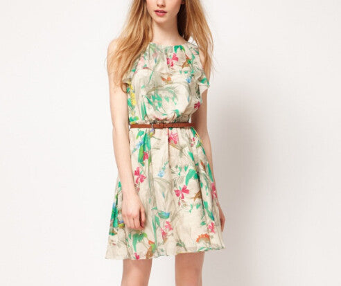 Print Women'S Chiffon Dress With Belt Casual Dress European Style Brief Vestidos Femininos 2014 Vestido De Festa