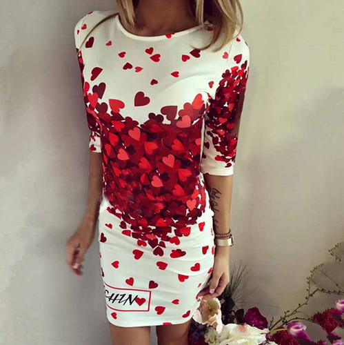 Red Heart Letter Print White Bodycon Dress Mini Bandage Summer Casual Print Dress Polyster Sheath Dress 2016
