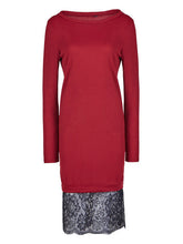Red O-Neck Full Sleeve Patchwork Lace Mid-Calf Knitting Women Casual 2016 Fall New Arrival Fashion Dress Autumn Dress For Women