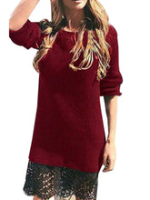 Red O-Neck Full Sleeve Patchwork Lace Mid-Calf Knitting Women Casual 2016 Fall New Arrival Fashion Dress Autumn Dress For Women