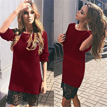 Red O-Neck Full Sleeve Patchwork Lace Mid-Calf Knitting Women Casual 2016 Fall New Arrival Fashion Dress Autumn Dress For Women