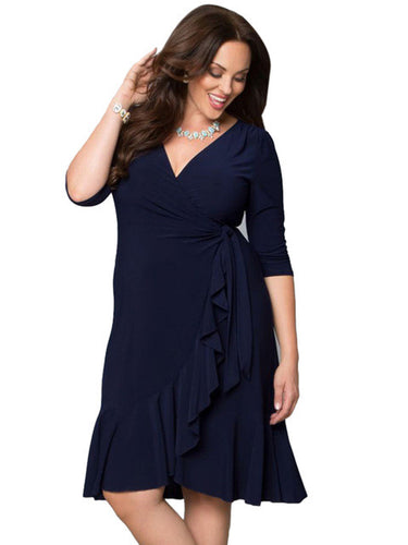 Ruched Blue Solid V-neck Half Sleeve Dress Knee Length Black Plus 3XL Dress Loose Women Autumn 2016 Casual Lady Dress