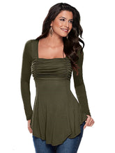 Ruched Front Army Green Diamond Neckline Irregular Hem Slim Women Blouses Women Tops And Blouses 2016 New Fashion Clothes Casual