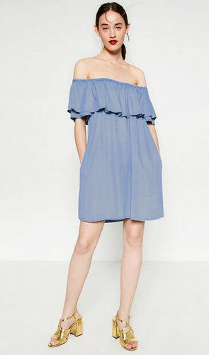 Ruffle Off shoulder Denim Solid Short Sleeve Dress Summer Loose Casual Mini Blue Dresses 2016 New Women Fashion Sexy Lady Dress