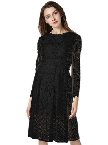See Through Lace Floral Pattern Embroidery Lining Women Casual Elegant Summer Dress With Belt Wear To Work 2017 Ladies Office