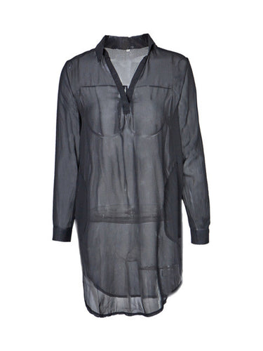 See Through Long Shirt Dress Sexy Sheer Loose Casual Turn Down Collar Chiffon Mini Short Dress Blouse Top Summer Fashion