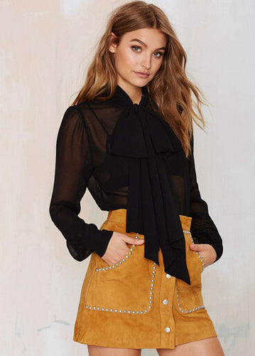See Through Sheer Long Sleeve Top Big Bow Women Bow Tie Blouse Chiffon Casual Blouses Office Wear Tops Ladies Work 2016 Summer
