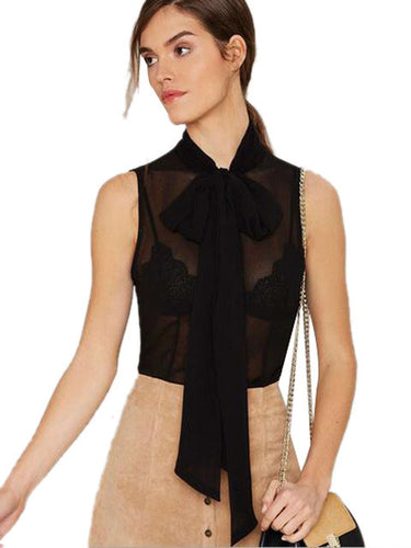 See Through Sheer Sleeveless Top Front Bow Knot Sexy Chiffon Blouse Fashion Casual 2016 Women Shirt High Quality Blouse 2016