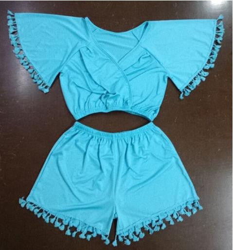 Sexy 2 Piece Set Women Jumpsuits Cropped Women Clothing Tassel Mint Green Summer Overalls Women Plus Size Vestidos Femininos