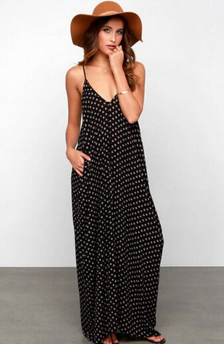 Sexy Black Polka Dot V Neck Open Back Beach Sun Dress Slip Loose Spaghetti Strap Dress Casual Long Maxi Dress Sleeveless Chiffon
