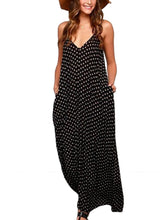 Sexy Black Polka Dot V Neck Open Back Beach Sun Dress Slip Loose Spaghetti Strap Dress Casual Long Maxi Dress Sleeveless Chiffon