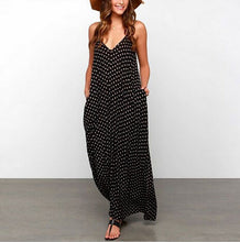 Sexy Black Polka Dot V Neck Open Back Beach Sun Dress Slip Loose Spaghetti Strap Dress Casual Long Maxi Dress Sleeveless Chiffon