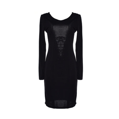 Sexy Lace Up Back Women Dress Knee Length Stretch Bodycon Winter Dress Long Sleeve Hollow Out Club Dresses 4 Colors Black Robe