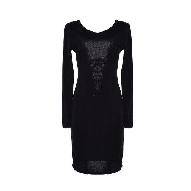 Sexy Lace Up Back Women Dress Knee Length Stretch Bodycon Winter Dress Long Sleeve Hollow Out Club Dresses 4 Colors Black Robe
