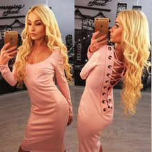 Sexy Lace Up Back Women Dress Knee Length Stretch Bodycon Winter Dress Long Sleeve Hollow Out Club Dresses 4 Colors Black Robe