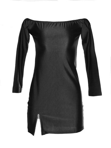 Sexy Low Cut Out Off The Shoulder Red Long Sleeve Dress Strapless Zipper Front Split Short Mini Spandex Black Bodycon Club Wear