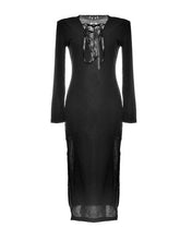 Sexy Plunge Deep V Neck Front Lace Up Double High Slit Split Long Mid-Calf Dress Club Knit Woman Dress Fashion Casual Dresses
