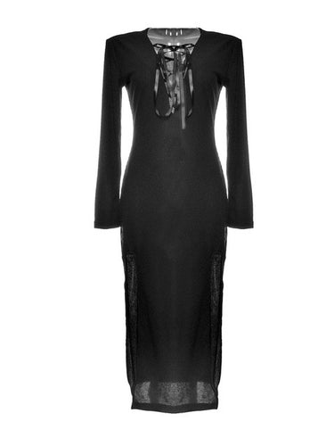 Sexy Plunge Deep V Neck Front Lace Up Double High Slit Split Long Mid-Calf Dress Club Knit Woman Dress Fashion Casual Dresses