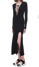 Sexy Plunge Deep V Neck Front Lace Up Double High Slit Split Long Mid-Calf Dress Club Knit Woman Dress Fashion Casual Dresses