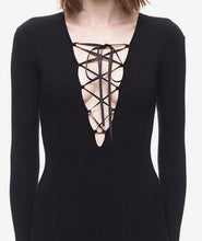 Sexy Plunge Deep V Neck Front Lace Up Double High Slit Split Long Mid-Calf Dress Club Knit Woman Dress Fashion Casual Dresses