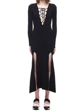 Sexy Plunge Deep V Neck Front Lace Up Double High Slit Split Long Mid-Calf Dress Club Knit Woman Dress Fashion Casual Dresses