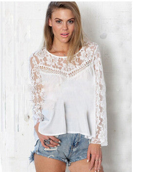 Sexy See Through Chiffon Lace White Blouse Women Blouses Blusas Casual Shirt Women clothing Women Tops 2015 Roupas Femininas