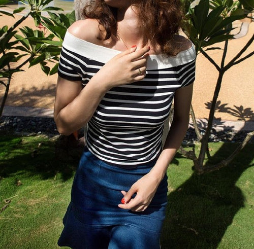 Sexy Slash Neck Women Tops Striped Black Blue Women Blouses Short Sleeve Cropped Tops Skirt Blouse Ladies Tops Summer 2016