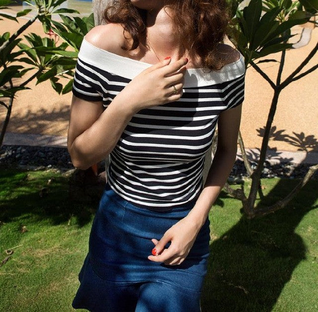 Sexy Slash Neck Women Tops Striped Black Blue Women Blouses Short Sleeve Cropped Tops Skirt Blouse Ladies Tops Summer 2016
