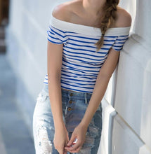 Sexy Slash Neck Women Tops Striped Black Blue Women Blouses Short Sleeve Cropped Tops Skirt Blouse Ladies Tops Summer 2016