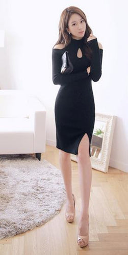 Sexy Split Winter Hollow Out Women Dress Off Shoulder Long Sleeve Black Formal Office Bodycon Dress Ladies Dress Turtleneck