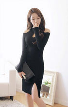 Sexy Split Winter Hollow Out Women Dress Off Shoulder Long Sleeve Black Formal Office Bodycon Dress Ladies Dress Turtleneck