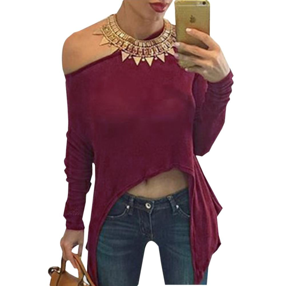 Sexy Top Off Shoulder Wine Red Transparent Women Blouses Long Sleeve Shirt Women Midriff Bearing Ladies Fashion