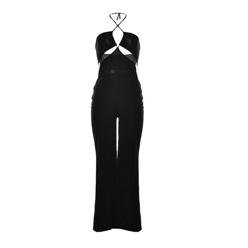 Sexy V Neck Rompers Womens Jumpsuit Elegant Black Long Jumpsuit Summer Halter Neck Bodysuit Hollow Out Red Overalls Playsuit