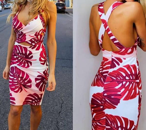 Sexy V Neck Summer Dress 2015 Cut Out Strappy Women Dress Leaf Print Bodycon Dresses Plus Size Women Clothing Vestido Vestidos