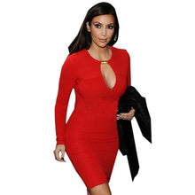 Sexy Women Dress V Neck Collar Party Clubwear Stretch Blue Green Red Dresses With Long Sleeves Autumn Hollow Out Sheath Dress