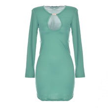 Sexy Women Dress V Neck Collar Party Clubwear Stretch Blue Green Red Dresses With Long Sleeves Autumn Hollow Out Sheath Dress