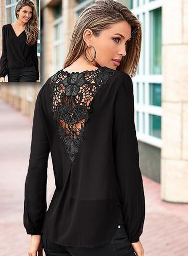 Sheer High Low Wrap V Neck Loose Blouse Back Lace Hollow Out Flower Floral Pattern Long Sleeve Summer Spring Summer 2017 Women