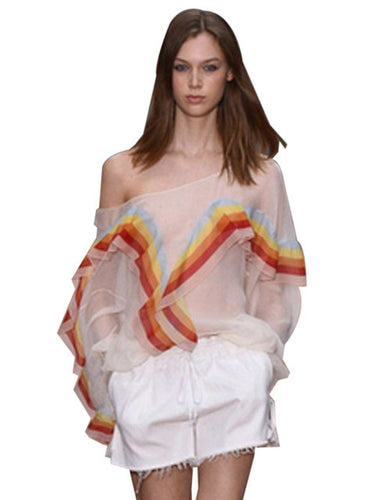Sheer See Through Rainbow Pattern Loose Oversized Big Size Chiffon Blouse Shirt 2016 New Arrival Lady Top Summer Fashion Women