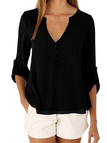 Sheer V Neck Top Button High Low Shirt Blouse Loose Sheer Chiffon Casual Summer Casual Shirt Women Elegant Office Wear Tops 2016