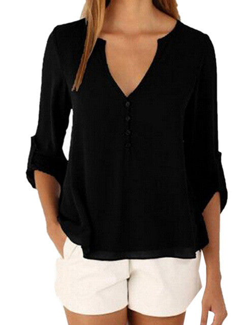 Sheer V Neck Top Button High Low Shirt Blouse Loose Sheer Chiffon Casual Summer Casual Shirt Women Elegant Office Wear Tops 2016