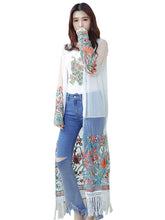 Sheer White Long Kimono Cardigan Tassel Fringe Floral Embroidered Pattern Boho Patchwork Women Loose Blouse Bohemian Style