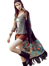 Sheer White Long Kimono Cardigan Tassel Fringe Floral Embroidered Pattern Boho Patchwork Women Loose Blouse Bohemian Style