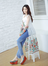 Sheer White Long Kimono Cardigan Tassel Fringe Floral Embroidered Pattern Boho Patchwork Women Loose Blouse Bohemian Style
