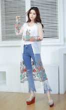 Sheer White Long Kimono Cardigan Tassel Fringe Floral Embroidered Pattern Boho Patchwork Women Loose Blouse Bohemian Style