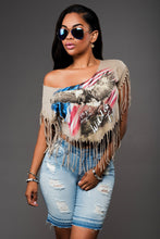 Short Sleeve Pactcwork Ireegular One Shoulder Tassel Print Blouse Short Top Summer Sexy For Women 2017 Blouse New Fashion Tops