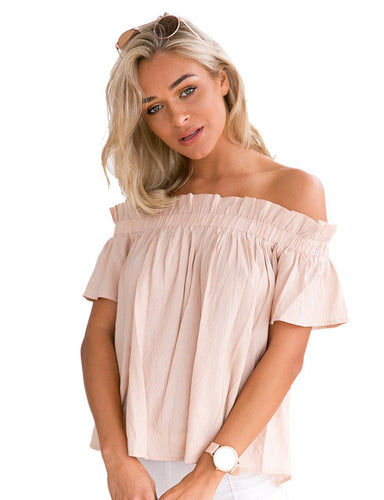 Short Sleeve Red Casual Women White Fashion Chiffon Blouse Off Shoulder Ruched Solid Blouse Women Tops For Summer Ladies 2017